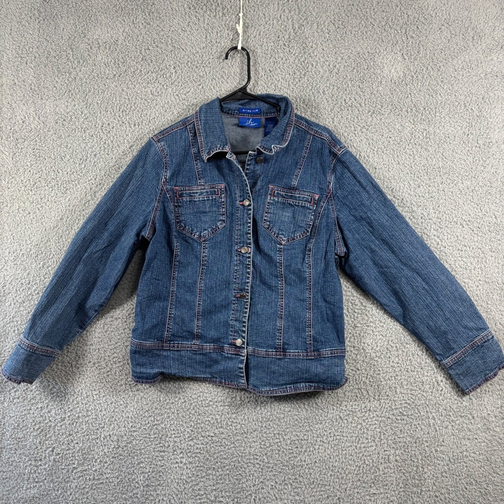JH Collectibles Woman Blue Denim Jacket Pink Contrast Stitching Stretch 2X